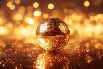 Fototapeta premium Golden disco ball reflecting dazzling lights on a shimmering surface. 