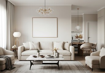 Bright living room with sofa, chairs, and blank canvas for art