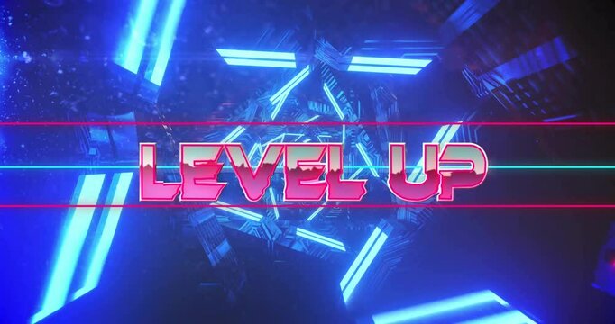 Animating stylized glowing LEVEL UP text in neon blue beam tunnel with crossing pink cyan lines