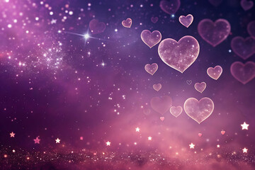 Enchanting purple sky background with floating hearts and sparkling stars for romantic designs