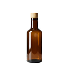 Brown glass bottle with a wooden cap, studio shot, isolated on transparent background.