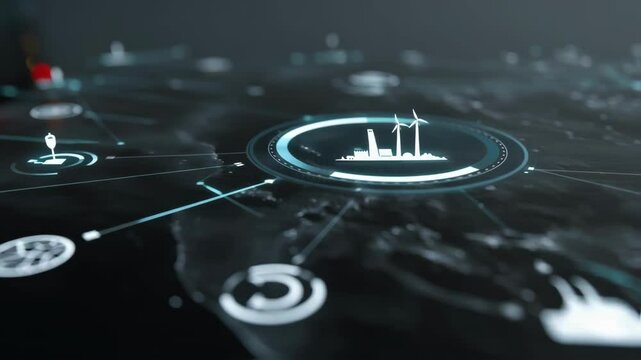 A futuristic touchscreen interface featuring animated icons representing multiple energy plants illustrating realtime adjustments to optimize energy output and reduce waste.