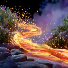 Obraz premium Flowing Bright Orange Lava with Sparks and Vibrant Green Foliage