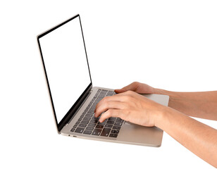 Hand using laptop computer with blank screen isolated. Premium high quality studio shot. Technology, business and advertising concept.