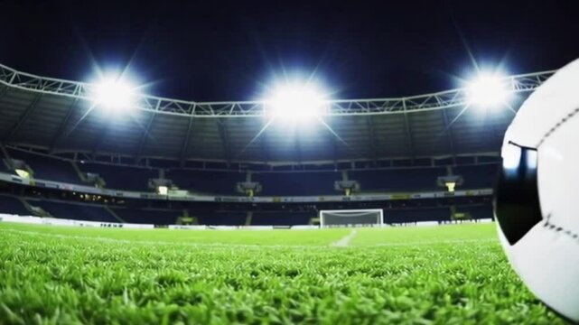 A soccer ball is on a field with a green grass