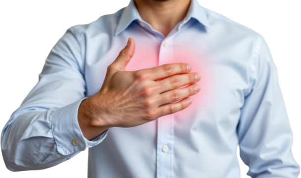 Heartfelt gesture of care man with hand on chest emotional context indoor setting close-up perspective