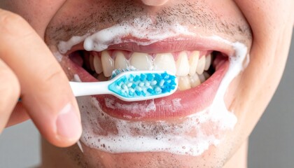 A close-up view of a person brushing their teeth with foamy toothpaste, highlighting the dental hygiene routine, fresh oral care, and effective cleaning action for a healthy and bright smile