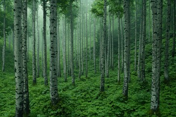 Fototapeta premium Misty Green Forest with Tall Slender Trees