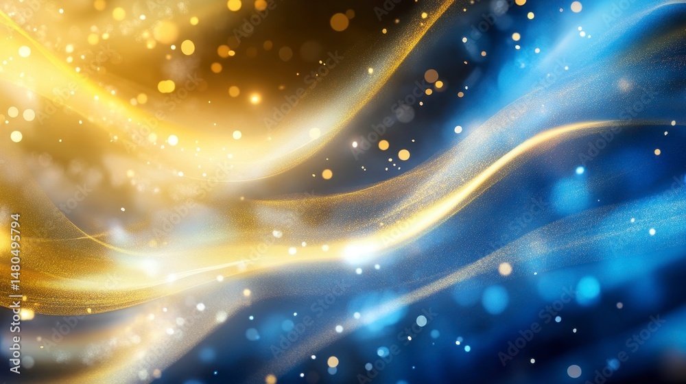 Poster Abstract gold and blue glowing wave background with bokeh lights.