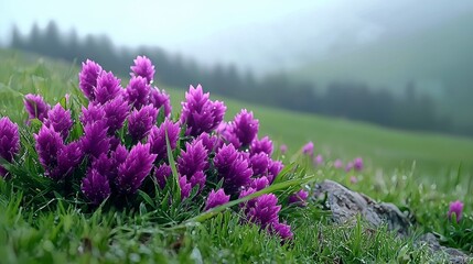 Obraz premium Misty Meadow with Vibrant Purple Wildflowers