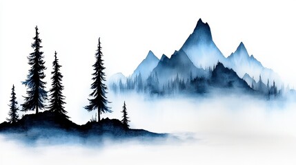 Fototapeta premium Misty Mountain Range Watercolor Landscape Painting