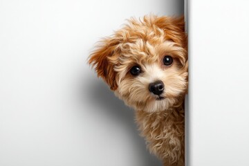Playful Peekaboo: A fluffy puppy peeks out from behind a wall, showcasing innocent curiosity. capturing the sweet innocence of the adorable furry friend.&ndash; Generative AI