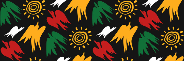 African geometric seamless pattern with hand drawn birds of freedom and sun. Abstract ethnic horizontal background. Juneteenth celebration background. Vector doodle illustration.