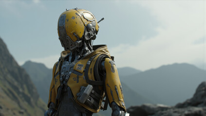 Futuristic robot with yellow helmet stands in mountainous landscape, showcasing advanced technology and design. scene conveys sense of exploration and innovation