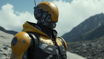 Futuristic robot with yellow helmet and mechanical components stands in mountainous landscape, showcasing advanced technology and design