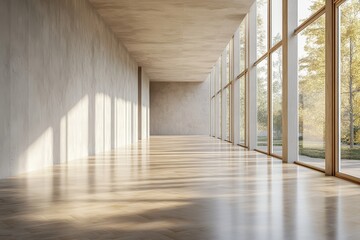 Fototapeta premium A modern corridor bathed in natural light, with sleek architectural design and expansive windows that offer a captivating view of the tranquil outdoor landscape.