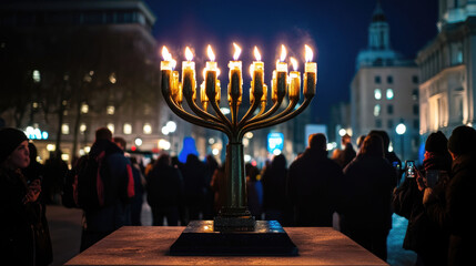 A large menorah illuminated with nine candles glows in a city square at night, crowd watches