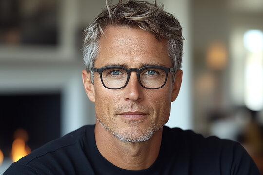 A stylish man with gray hair and glasses, exuding confidence and sophistication in a warm, inviting environment.