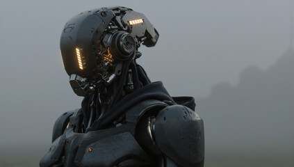 Fototapeta premium Futuristic robot stands in foggy landscape, showcasing intricate mechanical details and glowing lights. atmosphere is mysterious and evokes sense of advanced technology