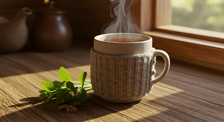 Cozy Hot Drink By The Window In Winter Scenery With Sunlight