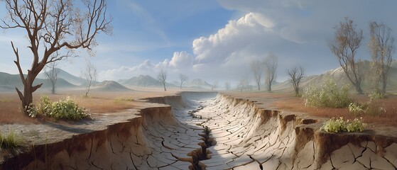 Arid Landscape with Cracked Earth and Sparse Vegetation Under Clouds