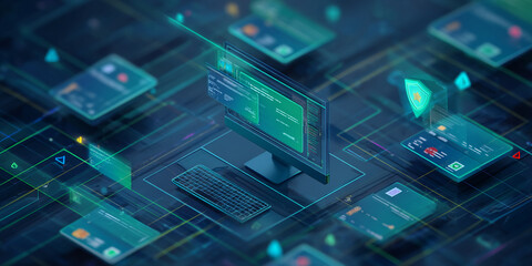 Fototapeta premium Cybersecurity concept image: computer, keyboard, and digital interfaces showcasing data protection, network security, and online safety, symbolizing technological advancement and secure transactions