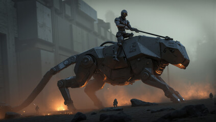 Fototapeta premium Futuristic scene depicts robotic panther being ridden by humanoid figure, set against misty, industrial backdrop. atmosphere is tense and dramatic, with glowing elements