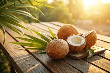 Tropical Coconuts Resting on a Wooden Table in the Sun Generative AI