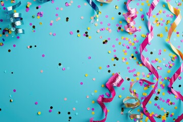 A vibrant blue background adorned with colorful confetti and ribbons on it