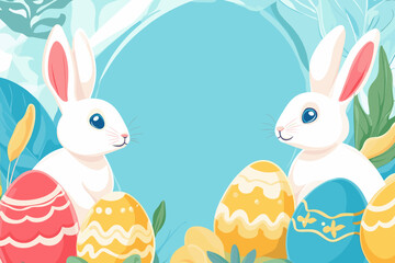 Cheerful Easter Bunnies with Colorful Eggs