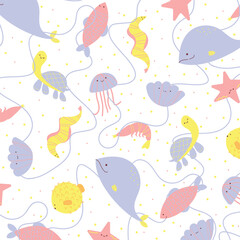 Vector seamless template with cute marine animals. Sea animals, ocean fish.  Whale, turtle, jellyfish. Perfect for kids bedding, fabric, textiles, t-shirt wallpaper prints, wrapping paper.