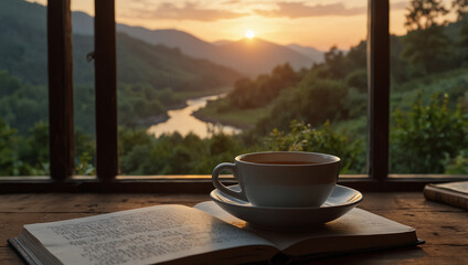 Man journaling with a cup of tea at sunr