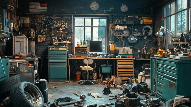 Messy Mechanic's Workshop: A cluttered garage filled with tools, tires, and equipment, showcasing a blend of organized chaos and mechanical expertise.