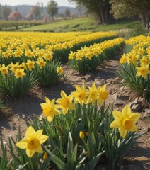 Fototapeta premium Sunny day, vibrant daffodils blooming in a picturesque countryside field , daffodil field, macro, flora