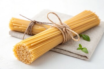 Bundled Uncooked Spaghetti Tied With Twine on a Kitchen Surface Generative AI