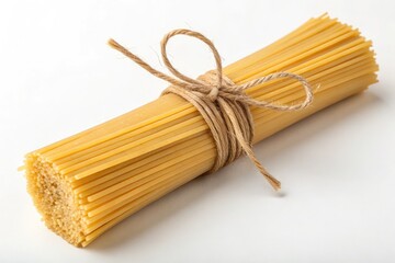 Uncooked Spaghetti Noodles Bundled With Twine on White Background Generative AI