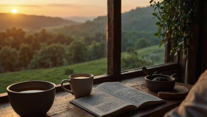 Man journaling with a cup of tea at sunr
