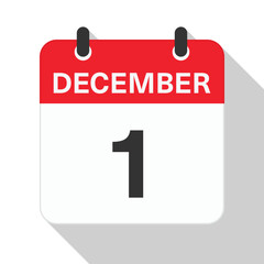 Fototapeta premium December 1 Daily Calendar. Red Theme on White Background.