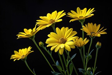 Vibrant Yellow Daisies Bloom Against a Black Background Generative AI