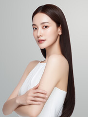 Portraits of a stylish woman with sleek long hair and flawless skin, posing confidently against colorful gradient backgrounds.Generative by AI
