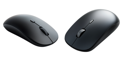 Twin black ergonomic wireless mice isolated on transparent PNG image perfect for electronics or device mockups