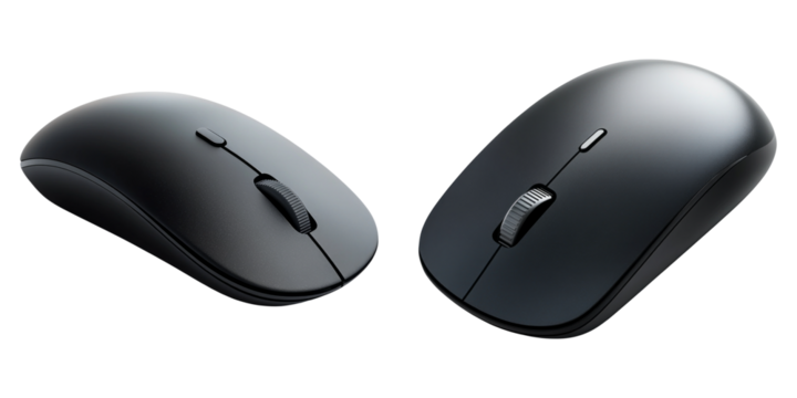Twin black ergonomic wireless mice isolated on transparent PNG image perfect for electronics or device mockups