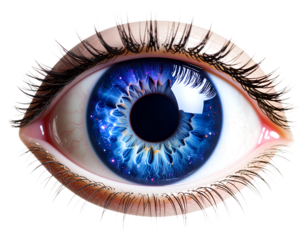 Photorealistic eye with blue and purple galaxy in the iris, transparent background PNG
