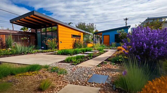 Vibrant Backyard Oasis: Colorful Modern ADUs and Lush Landscaping