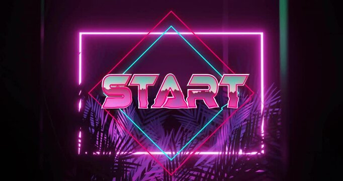 Retro-futuristic neon START sign glowing on dark stage, framing palm fronds with pink teal diamond