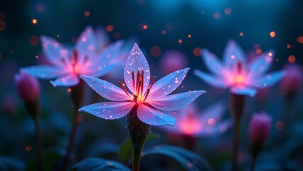 A group of luminous lotus flowers at night