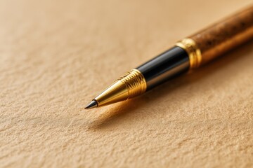 Fototapeta premium Elegant pen with gold details on beige paper surface.