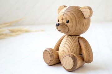 Wooden Teddy Bear Toy on a Plain White Background Generative AI