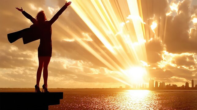 A silhouette of a woman embraces the vibrant sunrise, standing tall against the horizon, symbolizing hope and freedom with outstretched arms. ..Created with Generative AI, not depicting real subjects.