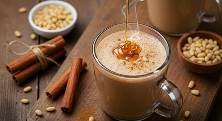Aromatic Cinnamon Infused Latte Delight With Honey Drizzle And Pine Nuts